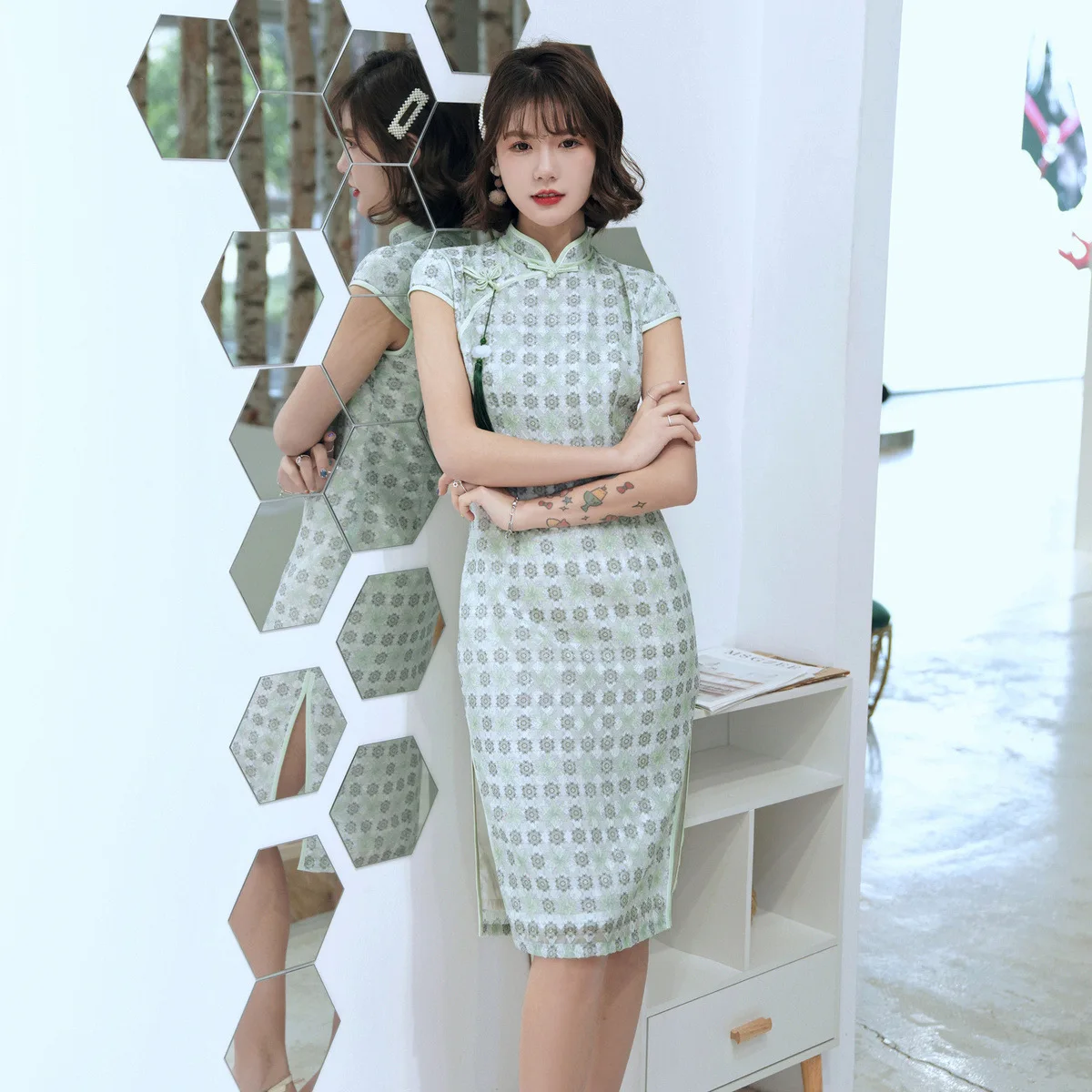 

Slim High Split Vestidos Cute Pink Print Flower Lady Qipao Chinese Traditional Vintage Button Cheongsam Sexy Evening Party Dress