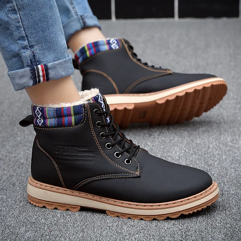 

Winter Shoes Men Ankle Boots Plush Warm Lace Up High Hot PU Leather Booties Nice Nice Platform Winter Martens Snow Boots Men
