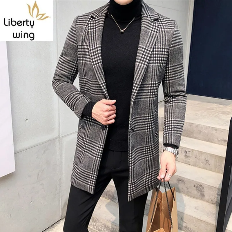 

High Quality Luxury Mens Blazer Coat Korean Slim Fit Plaid Suit Jackets Male Brand Single Breasted Long Coats Plus Size L-4XL