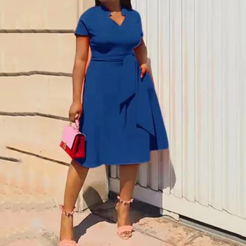 

Blue Elegant Office Women Dress African Style 2020 Summer Mid Calf Lady A Line Dresses Robe Short Sleeve Female Party Vestiods
