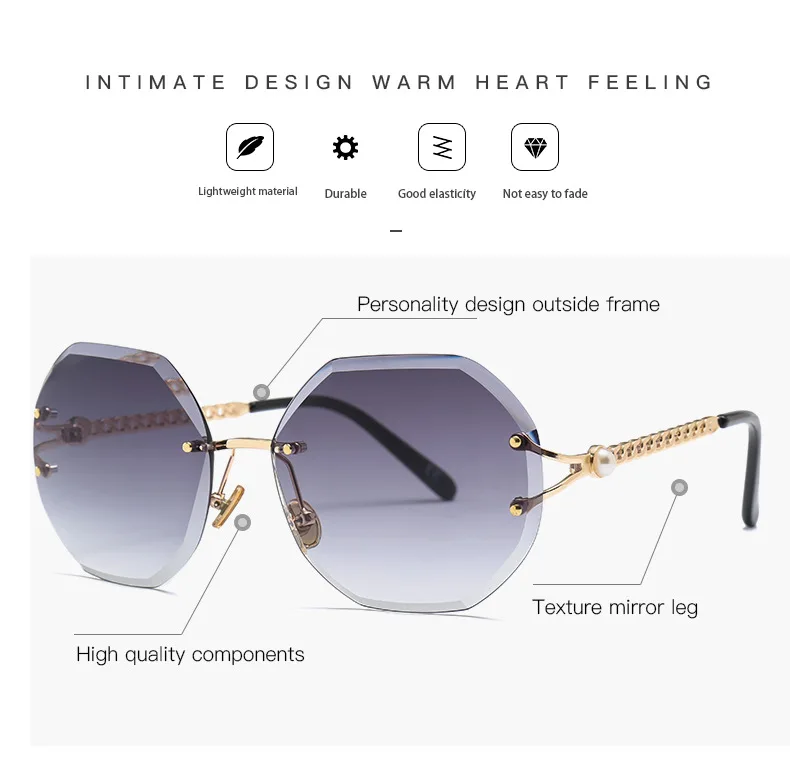 Fashion Rimless Oval Sunglasses Women Pearl Arms Metal Gradient Brown Transparent Round Glasses Elegant Eyewear Feminino
