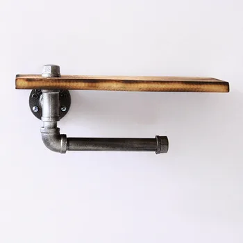 

Home Rustic Wooden Shelf With Screw Easy Install Storage Rack Industrial Bathroom Toilet Hardware Paper Holder Cast Iron Pipe