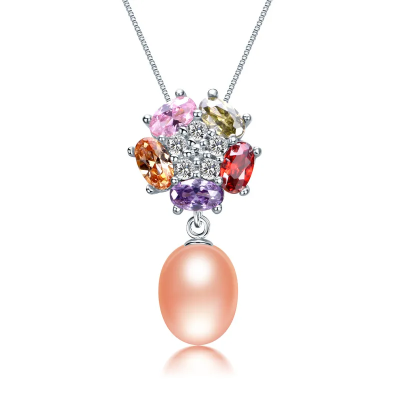 Розовый Dainashi, модное 925 пробы Серебряное красочное циркониевое ожерелье с подвеской, натуральное пресноводное овальное жемчужное ожерелье для женщин - Цвет камня: Розовый