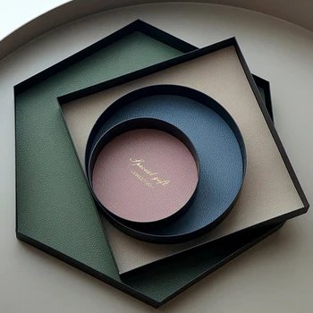 

Morandi Style Black Tray with Leather Mat Iron Plate for Jewelry Dessert Tray Coffee Display Holders Home Decoration