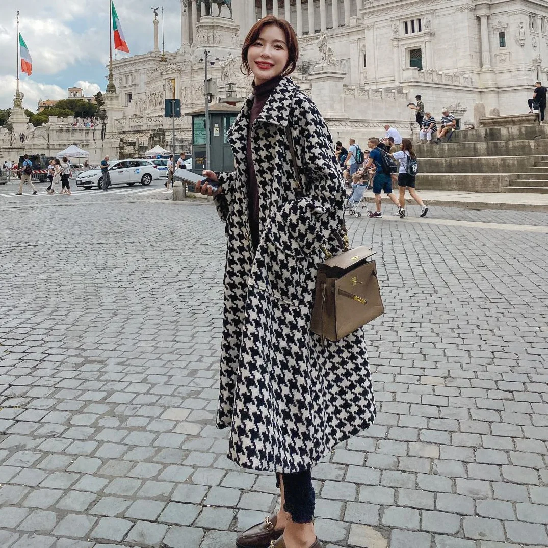 

Photo Shoot CHIC Retro Big Brand Black And White Thousands of Birds Mid-length Fold-down Collar Single Breasted Wool Woolen Clot