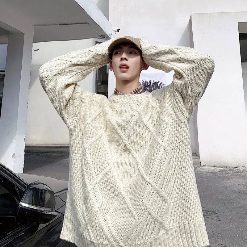 Autumn New Sweater Men Warm Fashion Solid Color Casual Plaid Pullover Men Streetwear Wild Loose Knit Sweter Man Clothes M-2XL