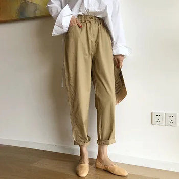 

2020 Khaki Women Casual Pants Korean Fashion Japanese Clothes Loose High Waist Office Ladies Summer Trousers Elastic Waist