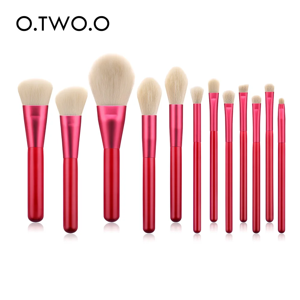 

O.TWO.O 12pcs Red Brushes Set Soft Synthetic Hair Wooden Handle With Foundation Blusher Contouring Eyes Makeup Brush Kit
