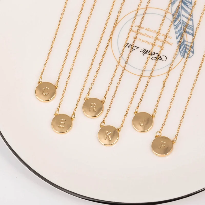 

A-Z Initial Letter Pendant Necklace Double Side Round Shell Alphabet Name Pendant Necklace Gold Color Chain Necklace For Women