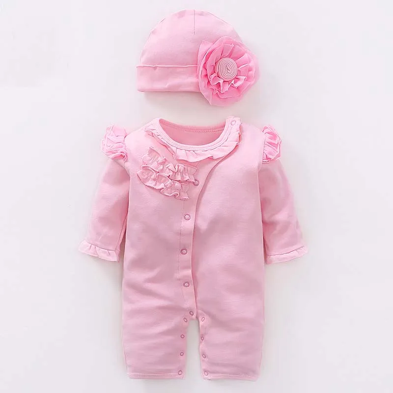 351 Pink Одежда для новорожденных девочек хлопковые весенне-Осенние Комбинезоны принцессы кружевной комплект одежды для маленьких девочек, комбинезон+ цветочные шляпы - Color: 351 Pink