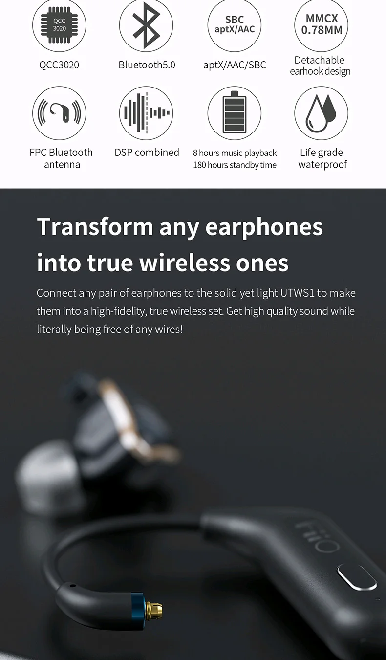 FiiO UTWS1 Bluetooth V5.0 aptX/tws+ крючок для наушников-вкладышей MMCX/0,78 мм модуль Bluetooth с поддержкой микрофона/8 h для Shure/FiiO/Westone