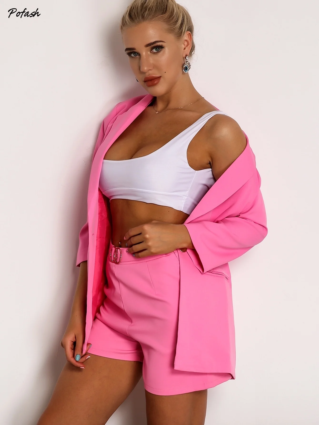 Joyfunear Notched Collar Blazer & O-ring Detail Shorts Set Joyfunear Notched Collar Blazer & O-ring Detail Shorts Set