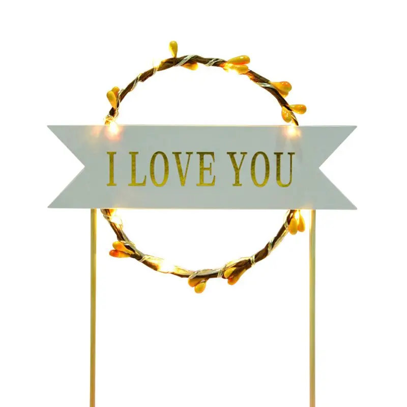 1Pc 1Pc LED String Light Up Glow Flower Garland Wreath Cupcakes Cake Topper Bunting Flags Sweet Love Birthday Party Decoration - Color: 02