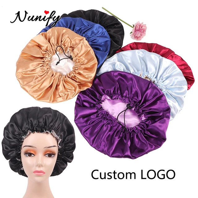 Nunify gorro de satén con correa ajustable, gorro de pelo de doble capa para  pelo rizado, gorro de ducha suave y sedoso para dormir de noche - AliExpress