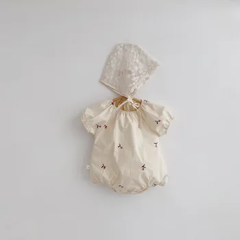 

Summer baby girls cute flower embroidery bodysuit with lace cap cotton short sleeve Coveralls 0-2Y