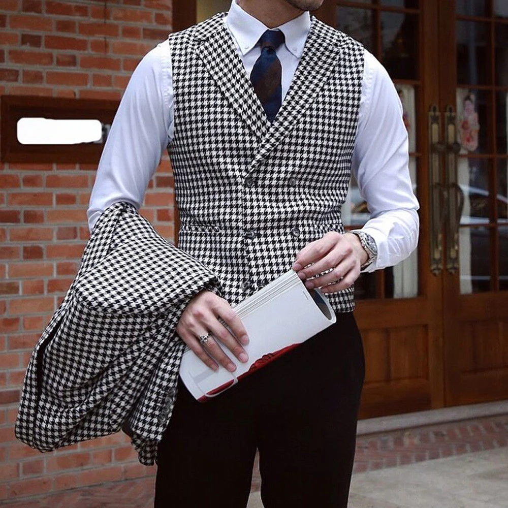 Mens Suits Men's Houndstooth Blazer and Houndstooth vest for Wedding Suits Formal Tweed Tuxedos Made Man Suits Jacket+pants+vest mens suits