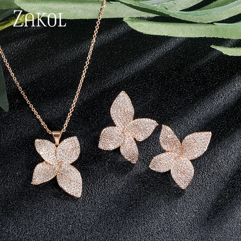 2 pcs set Rose Gold ZAKOL Роскошные AAA кубический циркон микро паве цветок серьги кольцо браслет ожерелье набор для женщин Свадебные ювелирные изделия FSSP3077 - Окраска металла: 2 pcs set Rose Gold