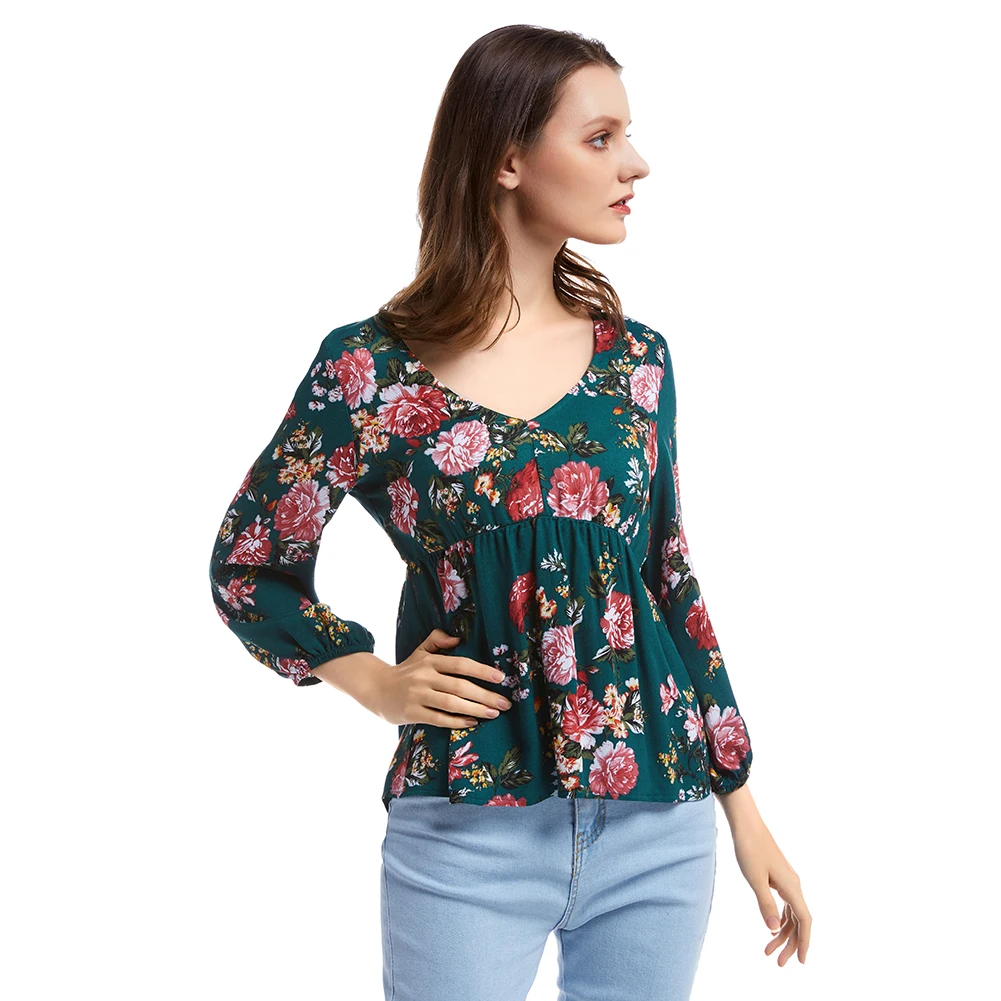 

Women sexy v-neck print cropped sleeves top with ruffles autumn casual T-shirt elastic waist