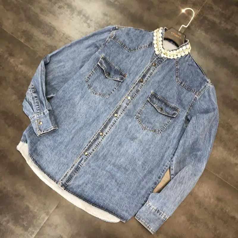 autumn new heavy work beaded collar single-breasted shirt-style denim short coat