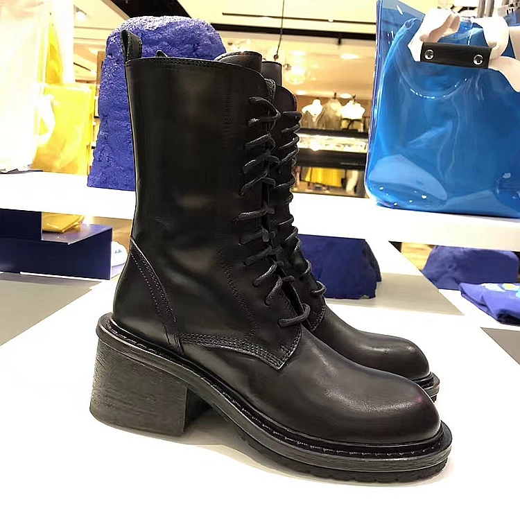 Royal Belle/черные ботильоны из натуральной кожи; Botas Mujer; женские ботильоны на платформе; женские короткие ботиночки на не сужающемся книзу массивном каблуке со шнуровкой; ковбойские ботинки