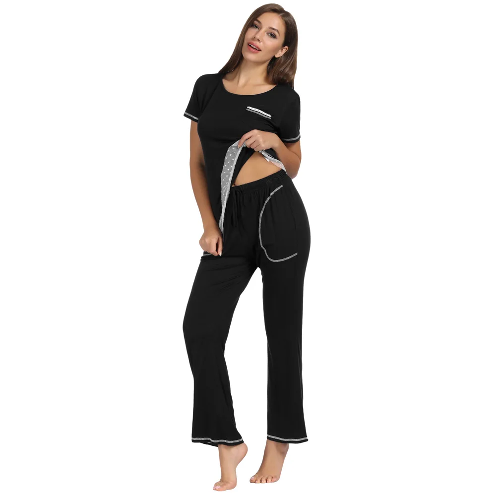 Comfy Tops+pants Pajama set Short sleeve Long Cotton Sleepwear Nightwear Loungewear Casual