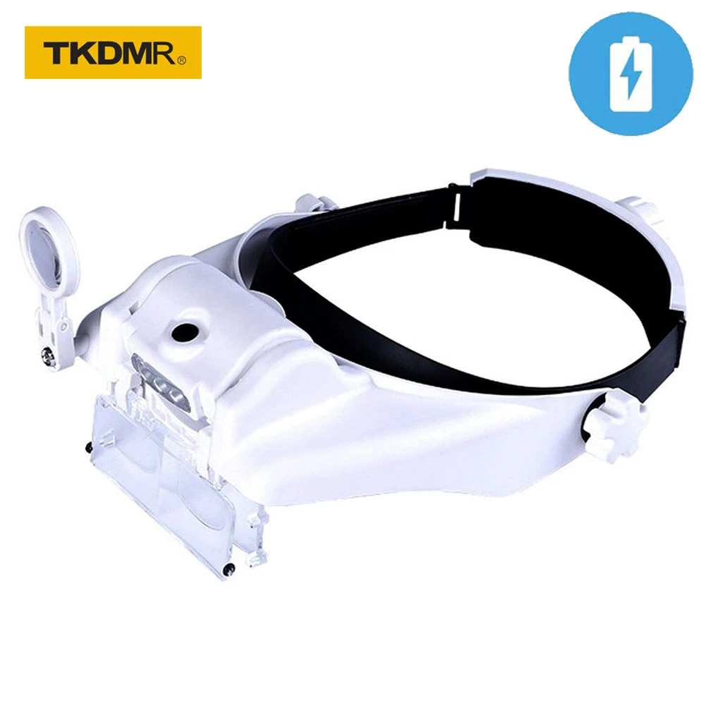 TKDMR USB Rechargeable Headband Loupe Glasses Magnifier Illuminated Magnifying Glass with 2LED Light Magnification For Soldering