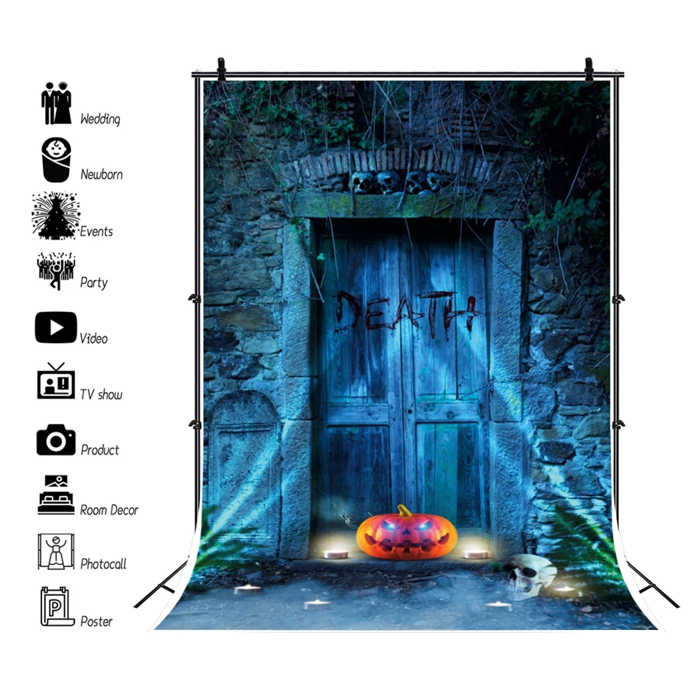

Halloween Backdrop Pumpkin Lantern Skull Door Scary Scene Photography Backdrops Photographic Background Vinyl Backgrounds Shoot