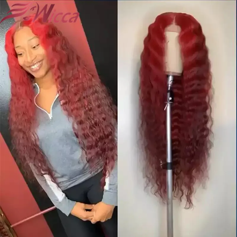 Красный бордовый кудрявый парик Синтетические волосы на кружеве человеческих