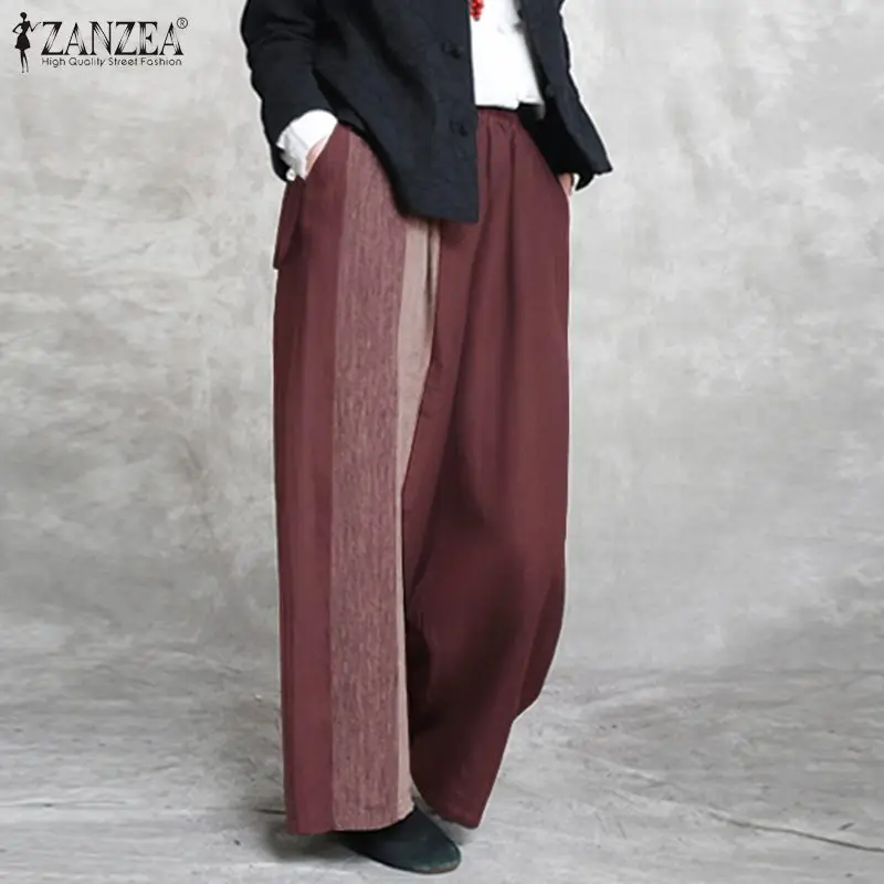 ZANZEA Women Autumn Cotton Linen Trousers Casual Wide Leg Pants Elastic Waist Color Block Pantalon Vintage Palazzo Streetwear 7