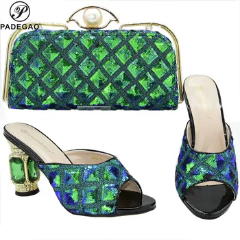 

Green Latest Autumn Decorated With Stone Woman Shoes And Bags Set Italian Style High Heels Slipper And Bags For Party Dress