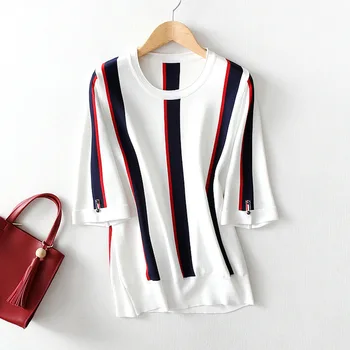 

Women Sweater Youth Fashion Color Stripe Ice Hemp Fashion Pullover Short Sleeve Sweater