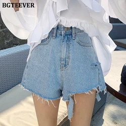 BGTEEVER Summer Fashion High Waist A-line Women Denim Shorts Ladies Chic Ripped Holes Tassels Jeans Shorts Female Streetwear