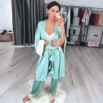 

HiLoc Lacing Patchwork Home Robe Sets Splicing Loose Satin Silk Robes For Women Bathrobe Night Set Panelled Pajamas Set Winter