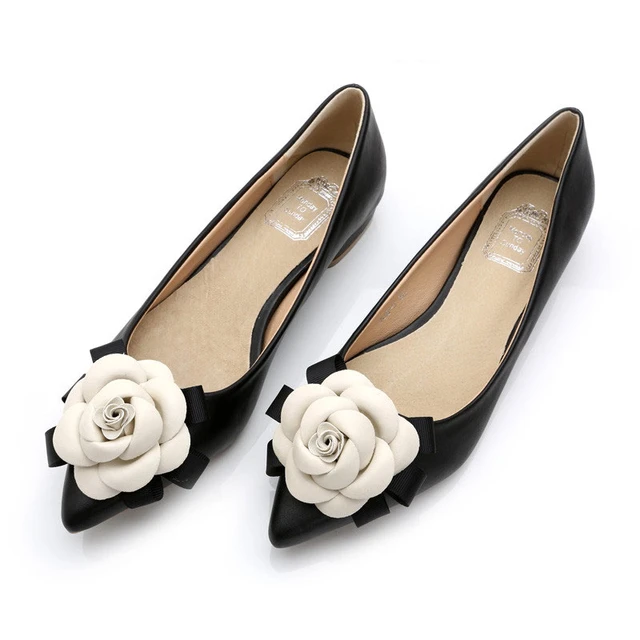 Chanel Black Leather Camelia Flower Ballet Flats Size 39 Chanel