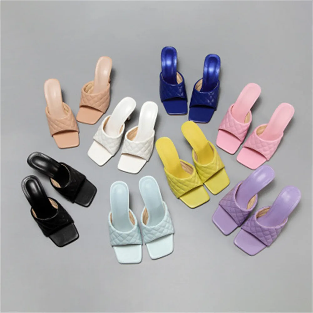 

2021 New Arrivals Women Elegant Fashion Slippers High Heels Slides Square Toe Slip On Mules Shoes Female Summer Black White Pink