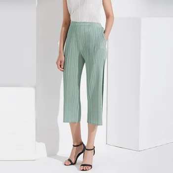 

Korea 2020 New Spring Women Elastic Waist Solid Color Pleated Trousers Vintage Casual Breathability Cropped Pants Tide PD095