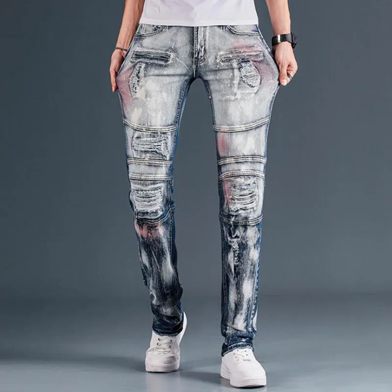 

New Arrival Fashion 2021 Men's Biker Jeans Patchwork Spliced Ripped Denim Pants Male Straight Slim Patch Beggar Vaqueros Hombre