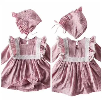 

Baby Girls Lace Design Rompers Set Long Sleeve Solid pink Bodysuit Casual Jumpsuit With Hat Autumn Newborn 2 pcs bodysuit