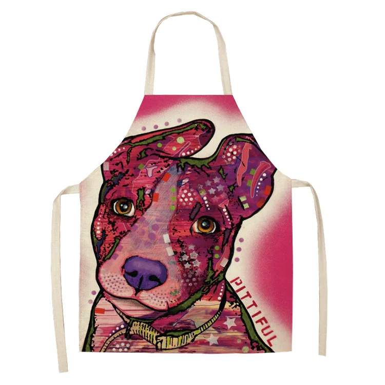 Parent-child Kitchen Apron Colorful Oil Painting Dog Printed Sleeveless Cotton Linen Aprons for Men Women Home Cleaning Tools