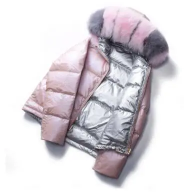 pink Глянцевая пуховая хлопковая парка, зимняя женская куртка с меховым капюшоном, зимняя теплая Толстая короткая парка, зимнее пальто, женская куртка, 2 стороны, одежда R81 - Цвет: pink