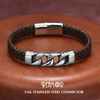 

REAMOR Trendy Men Jewelry Stainless Steel Connector Braided Leather Magnetic Buckle Bracelets Punk Men Wristband Pulsera Hombre