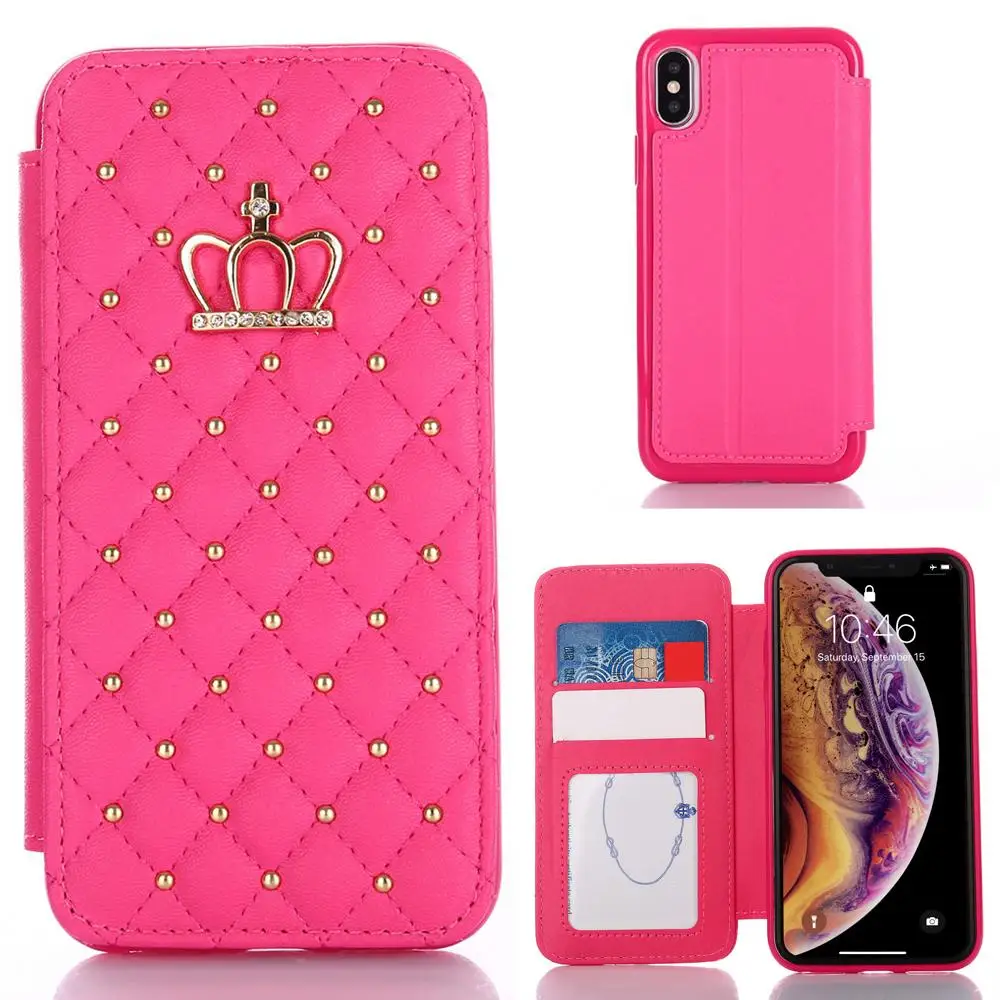 Чехол LAPOPNUT Bling для Iphone 11 Pro X 7 Xr Xs Max 8 Plus Apple 6 6s Imperial Wallet Crown кожаный откидной складной чехол с бриллиантами - Цвет: rose red