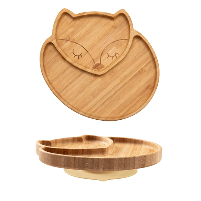 1PC Bamboo Wooden Dinnerware Baby Feeding Accessories Cartoon Animals Elephant Dinner Plate With Sucker Baby Products Gifts Fox yellow