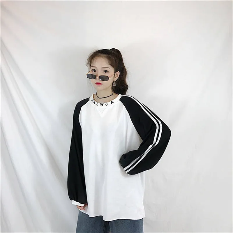 Модная Корейская Harajuku Хип Хоп Футболка уличная забавная футболка с длинным рукавом Женская Повседневная Обычная уличная Футболка женская