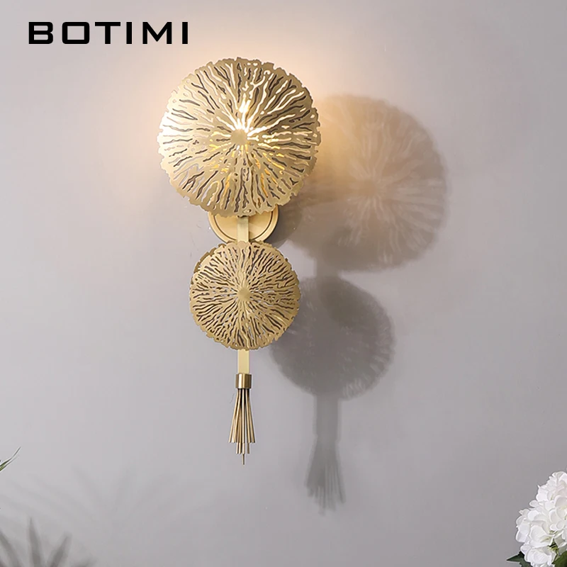 

BOTIMI Modern Luxury Art DECO Fine Copper Wall Lights For Living Room Hollowing Out In Lotus Leaf Wall Mounted Bedside Lamps