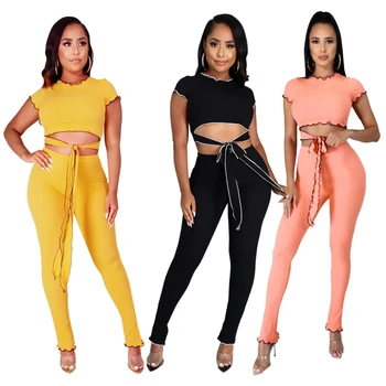 

Bandage Ribbed Women 2 Piece Sets Short Sleeve Ruffles Club Party Outfits Slim Top and Pants Set