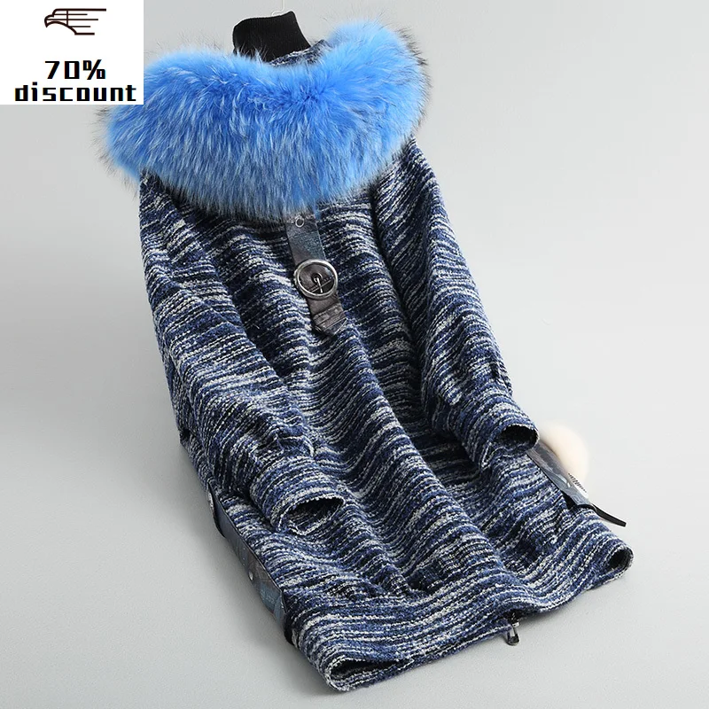 

Fashion Tweed Coat Women Large Natural Raccoon Fur Collar Hooded Long Knitted Winter Female Jacket 2020 38047 WYQ3830