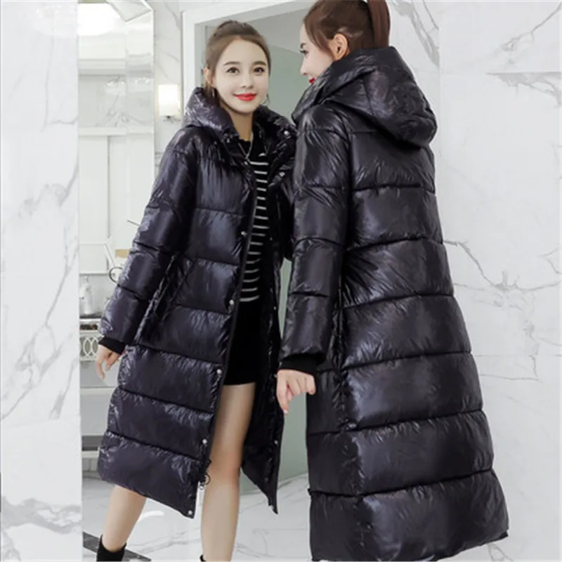 Корейские зимние пуховики из искусственной кожи женские длинные тонкие парки пальто толстые теплые пальто с капюшоном и меховым воротником N1019