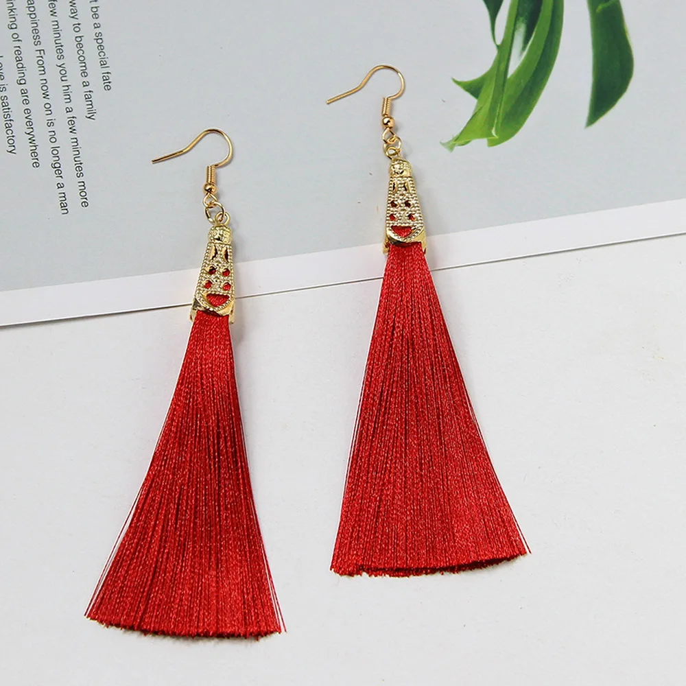 Модные серьги borlas, серьги largos Bohemia blanco rojo seda tela gota pendientes de borla para mujer, современные ювелирные изделия