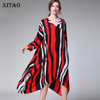 

XITAO Plus Size Hit Color Irregular Elegant Dress Women Clothes 2020 Fashion Loose V Neck Full Sleeve Match All Dress DMY2929